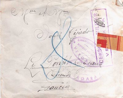 carta enviada (parece faltar sello) con marca de servicios postales comandancia militar de Vergara