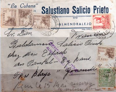 carta de almendralejo badajoz, para otra persona pero a través de monsieur Tejado, viñeta para obrerp badajoz y censura de Almendralejo