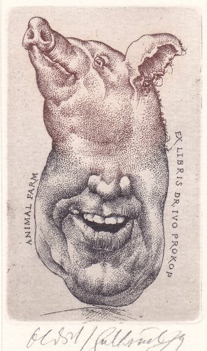 Exlibris para Ivo Prokop, con una viñeta alusiva a &quot;Rebelión en la granja&quot;