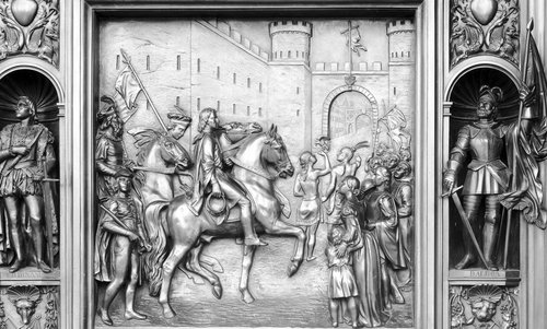 Entrada triunfal de Colón en Barcelona, una de las escenas en bronce que decoran una de las puertas del Capitolio, en Washington
