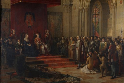 Colón ante los Reyes de España al regresar de su primer viaje. Óleo de Ricardo Balaca, 1874