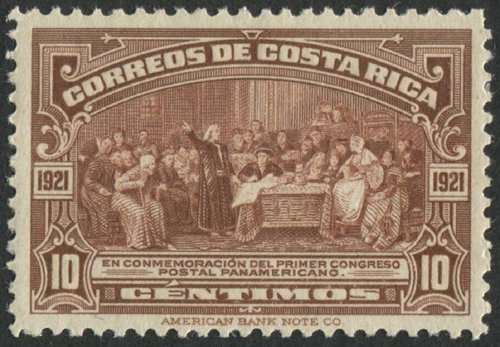 Sello emitido por Costa Rica en 1923. Viñeta grabada por Marcus W. Baldwin