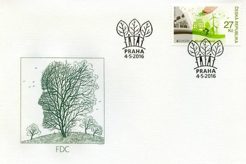 Ilustración de Pavel Sivko para el sobre del sello europeo &quot;Piensa en verde&quot;. Grabado de Václav Fajt