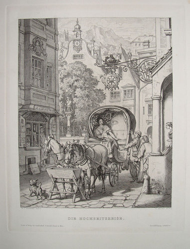 Aguafuerte de &quot;Luna de miel&quot;, de Moritz von Schwind, firmado por W. Recht (Viena, 1879)