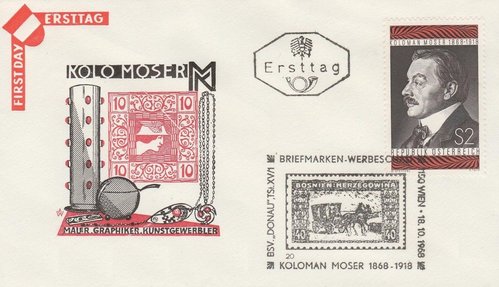 Otra colaboración genial entre Stefferl y Toth. Koloman Moser, sobre de Primer Día de 1968
