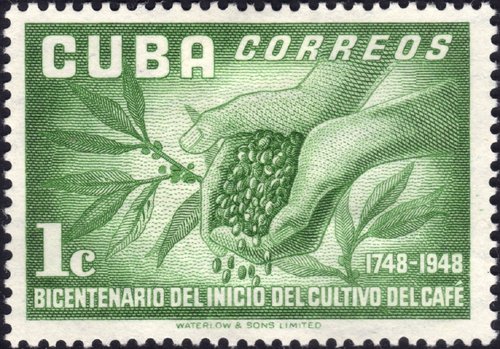 Bicentenario del cultivo del café, uno de los tres sellos emitidos, 1952