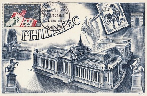 Tarjeta de 1963 grabada por Decaris para promocionar Philatec 64