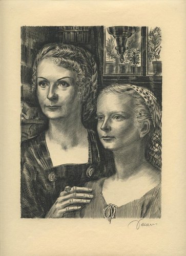 Micheline e Isabelle, mujer e hija de Albert Decaris, en un grabado del propio artista