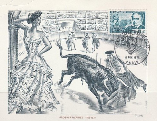 Grabado de Decaris en la tarjeta de Primer Día del sello de Mérimée (Francia, 1970)
