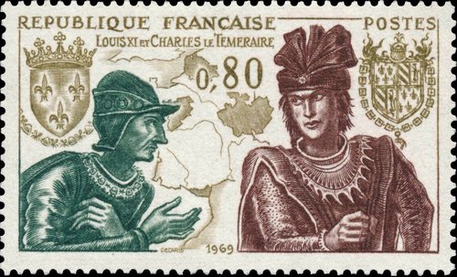 Luis XI de Francia (1423-1483), el Prudente, y Carlos I de Valois (1433-1477), el Temerario, firman el Tratado de Picquigny