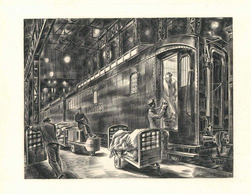 Vagón postal. Lámina grabada por Decaris para el Museo Postal de París, 1952