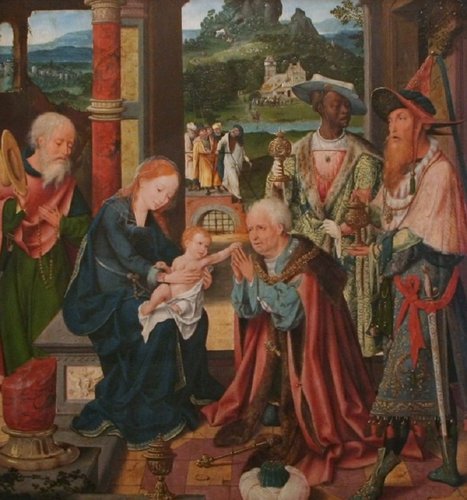 Parte central del tríptico de Joos van Cleve, &quot;Adoración de los magos&quot;, 1520, óleo sobre panel