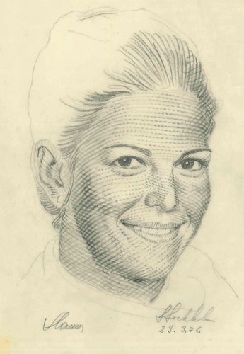 Dibujo a lápiz de Slania, preparatorio para el grabado del sello de los reyes de Suecia emitido en 1976 (Colección de Stephan Pomp, del libro sobre Slania de Zygmunt Krzysztof Jagodziński)
