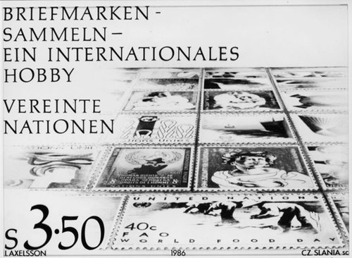 Diseño de Ingalill Axelsson para uno de los tres sellos de la emisión de 1986 de Naciones Unidas, con el facial de la Oficina de Viena