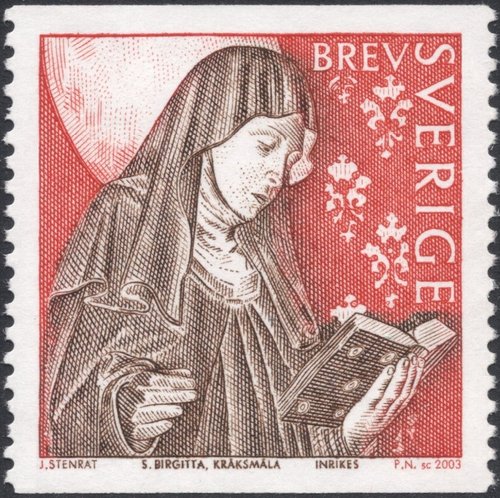 Sello emitido por Suecia en 2003, dedicado a Santa Brígida de Suecia (1303-1373) y  grabado por Piotr Naszarkowski