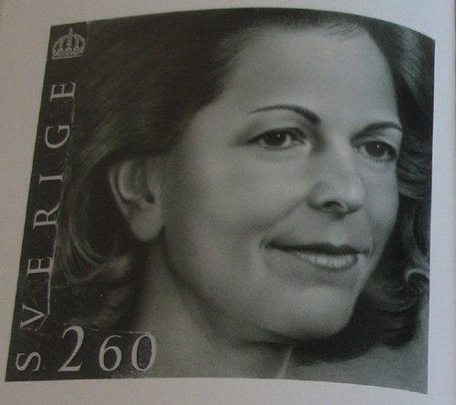 Boceto con el retrato de la reina Silvia, obra de Ingalill Axelsson