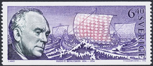 Sello dedicado al escritor Frans G. Bengtsson. Suecia, 1994. Diseño de Jordi Arkö