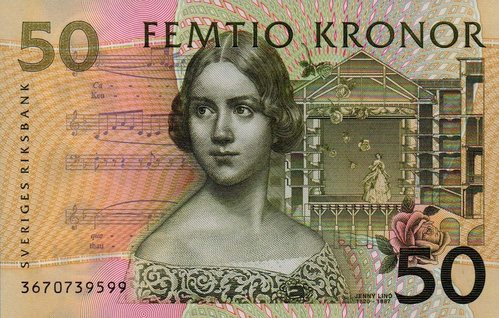 Jenny Lind en un billete reciente de Suecia (1996-2011), obra de la artista Agnes Miski Török