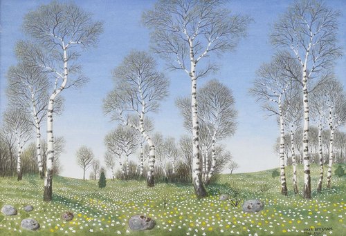 &quot;Vårbjörkar&quot;, por Oskar Bergman (1879-1963). Acuarela sobre papel