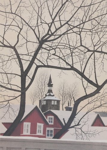 &quot;Iglesia de Trosa&quot;, por Reinhold Ljunggren (1920-2006). Litografía en color