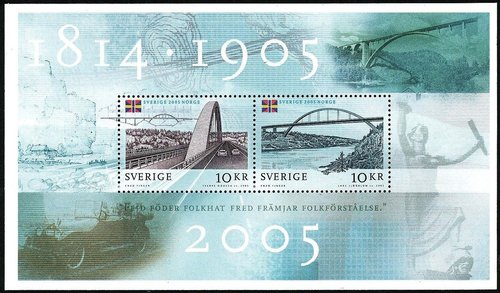 Sellos con el Puente moderno de Svinesund. Hojita emitida por Suecia en 2005
