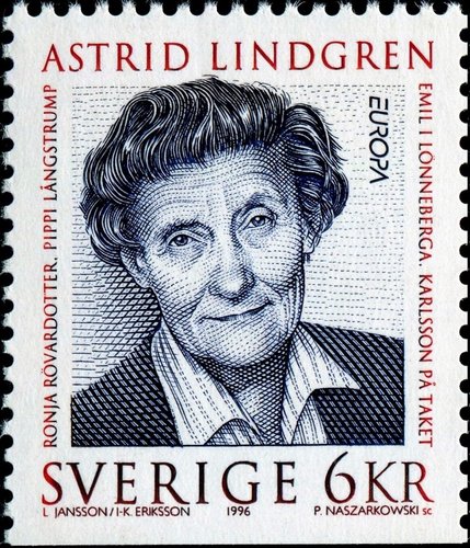 Astrid Lindgren. Sello de 1996, grabado de Piotr Naszarkowski
