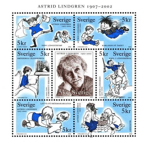 Hojita de Astrid Lindgren emitida por Suecia en 2002. Diseño de Gustaf Malmfors
