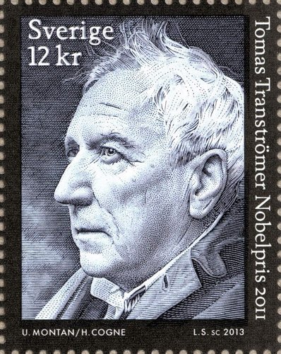 Sello de Tomas Tranströmer, uno de los dos de la hojita de 2013 diseñada por Hans Cogne