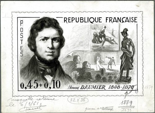 Boceto de Charles Mazelin para el sello de Daumier (1961), con la corrección a lápiz del error en la fecha de la muerte del protagonista