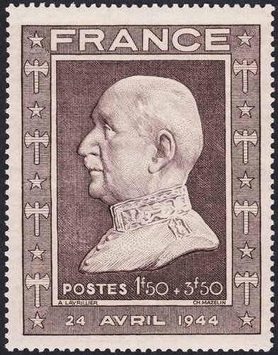 Sello dedicado a celebrar los 88 años del Mariscal Pétain. 24 de abril de 1944