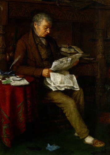 Charles Spencelayh (1865-1958), &quot;Leyendo el Standard&quot;. Óleo sobre cartón
