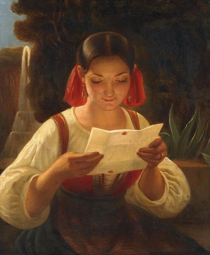 &quot;Brieflesende Italienerin&quot; (1848). Óleo sobre lienzo, 38x32 cm
