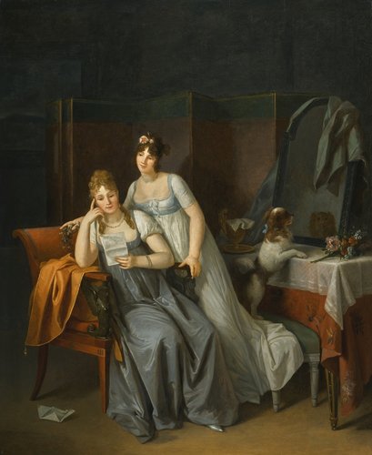&quot;Dos damas leyendo una carta&quot;. Óleo sobre panel, 65.5x 53.4 cm