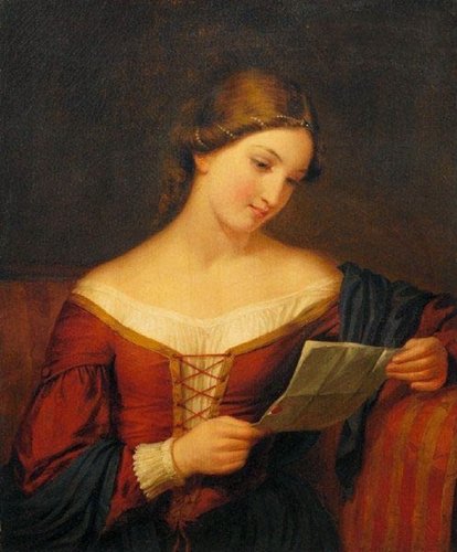 &quot;Mujer joven leyendo una carta&quot;. Escuela de Francesca Alexander (1837-1917). Óleo sobre lienzo, 76.8x63.5 cm