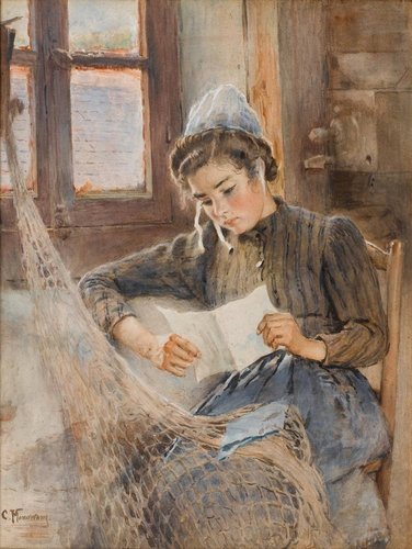 &quot;Mujer joven leyendo una carta&quot;, de Konstantín Yegórovich Makovski (1839-1915). Acuarela sobre papel grueso, 67x 50 cm