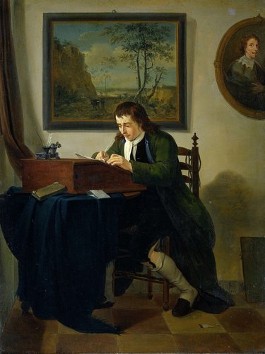 &quot;Un hombre escribiendo en su pequeño escritorio&quot; (1784), de Jan Ekels. Óleo sobre panel, 51.5x39.5 cm