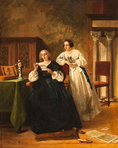 &quot;Interior con dos mujeres leyendo una carta&quot; (1860). Óleo sobre panel, 52x42 cm
