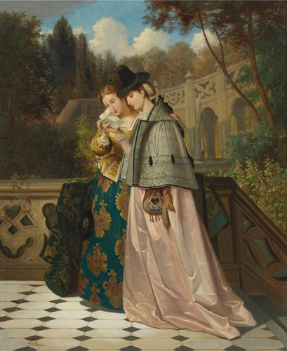 &quot;La carta&quot;. Óleo sobre panel, 55x39 cm. De esta obra realizó Willems al menos otra versión, sólo diferente en el paisaje del fondo