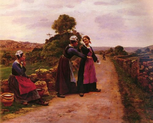Otra pintura similar de Pattein, &quot;La lettre&quot;, también con el cartero en la lejanía. Óleo sobre lienzo