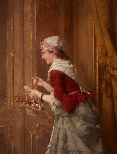 &quot;Junge Frau mit Brief und Blumenkorb&quot; (Mujer joven con carta y cesta de flores, 1893). Óleo sobre lienzo, 48 x 36 cm