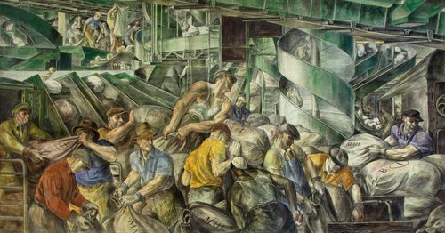 &quot;Sorting the Mail&quot; (Ordenando el correo, 1936), de Reginald Marsh, hoy en uno de los edificios del William Jefferson Clinton Federal Building, en Washington