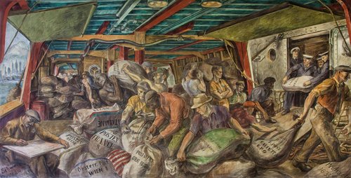 &quot;Unloading the Mail&quot; (Descargando el correo), obra de Reginald Marsh realizada entre 1935 y 1936 en la entonces Oficina Postal de Washington
