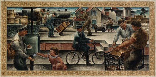 Estudio de Alfred D. Crimi para &quot;Transportation of the Mail&quot; (1935). Pintura al temple