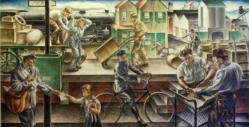 &quot;Transportation of the Mail&quot; (Transportando el correo), pintura mural de Alfred D. Crimi. Post Office Department, 1937