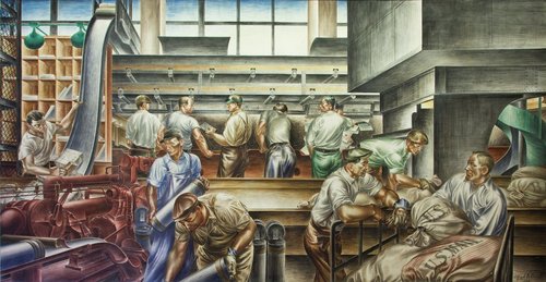 &quot;Post Office Work Room&quot; (Sala de trabajo de la Oficina postal), pintura mural de Alfred D. Crimi. Post Office Department, 1937, hoy en el complejo William Jefferson Clinton Federal Building