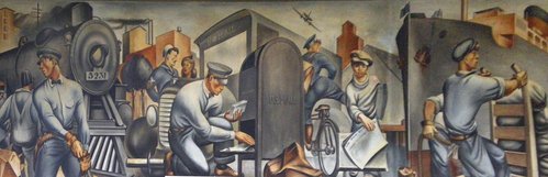 &quot;Mail Transportation&quot; (1938), parte cetral de la pintura mural &quot;Mail Carriers&quot; de Fletcher Martin. Oficina postal de San Pedro, California