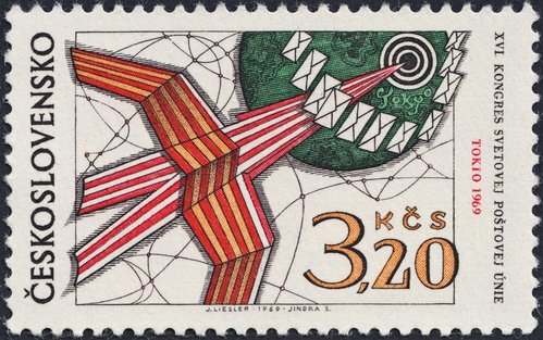 Sello dedicado al XVI Congreso Postal de la UPU,  Tokio, año 1969. Grabado de Jindra Schmidt