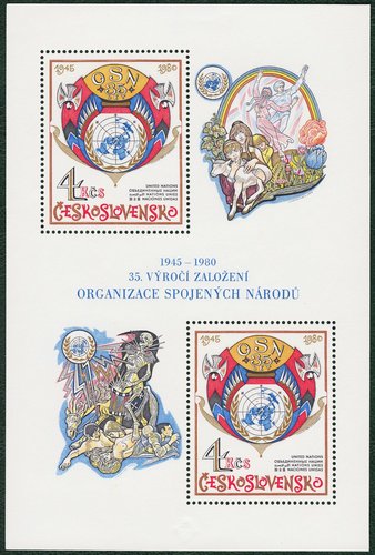 Emisión de 1980 dedicada al 35 aniversario de la ONU. Grabados de  Miloš Ondráček (sellos), Ladislav Jirka (arriba derecha) y Jan Mráček (abajo izquierda)