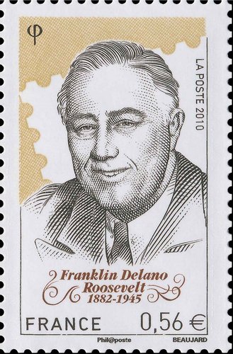 El Presidente Roosevelt, insigne filatelista. Francia, 2010, calcografía