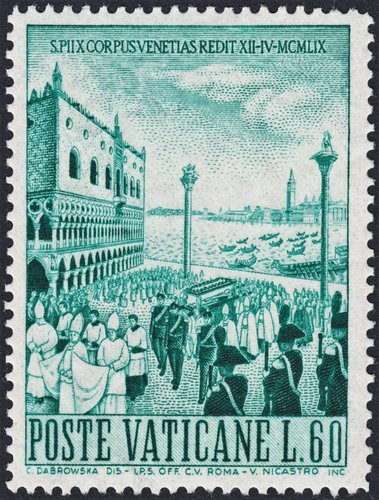 Regreso del cuerpo de San Pío X a Venecia, 12 de abril de 1959. Sello grabado por Vittorio Nicastro